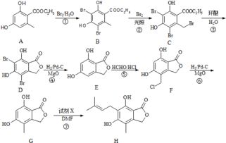 有机物H是合成免疫抑制剂药物霉酚酸的中间体.可由如图路径合成得到. 1 有机物A中的含氧官能团的名称为酚羟基.酯基. 2 由C转化为D的反应类型为取代反应. 3 反应